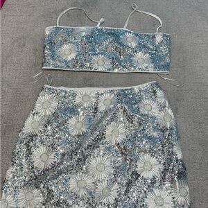 12th Tribe Silver and Blue Sequin Skirt Set